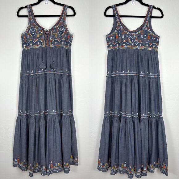 Calypso St. Barth Jimena Embroidered Tiered Maxi Dress XS Boho Vacation Tassel - Picture 2 of 13